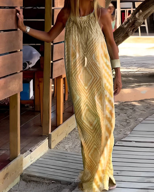 Women's Halter Neck Maxi Dress with Geometric Print and Slit Hem