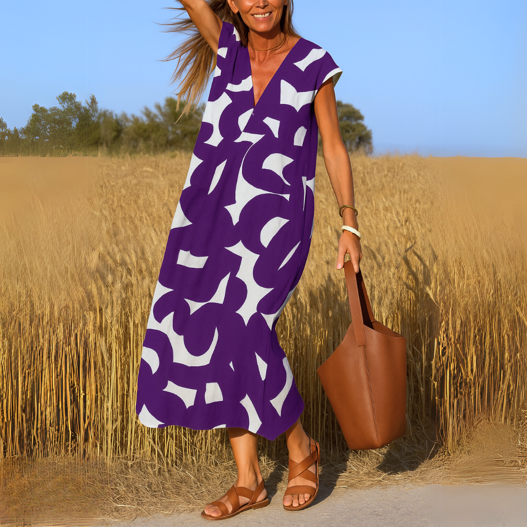 Women's V-Neck Maxi Dress with Abstract Print and Cap Sleeves