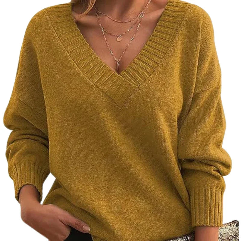 Women’s V-Neck Textured Knit Jumper with Relaxed Fit Regular Length
