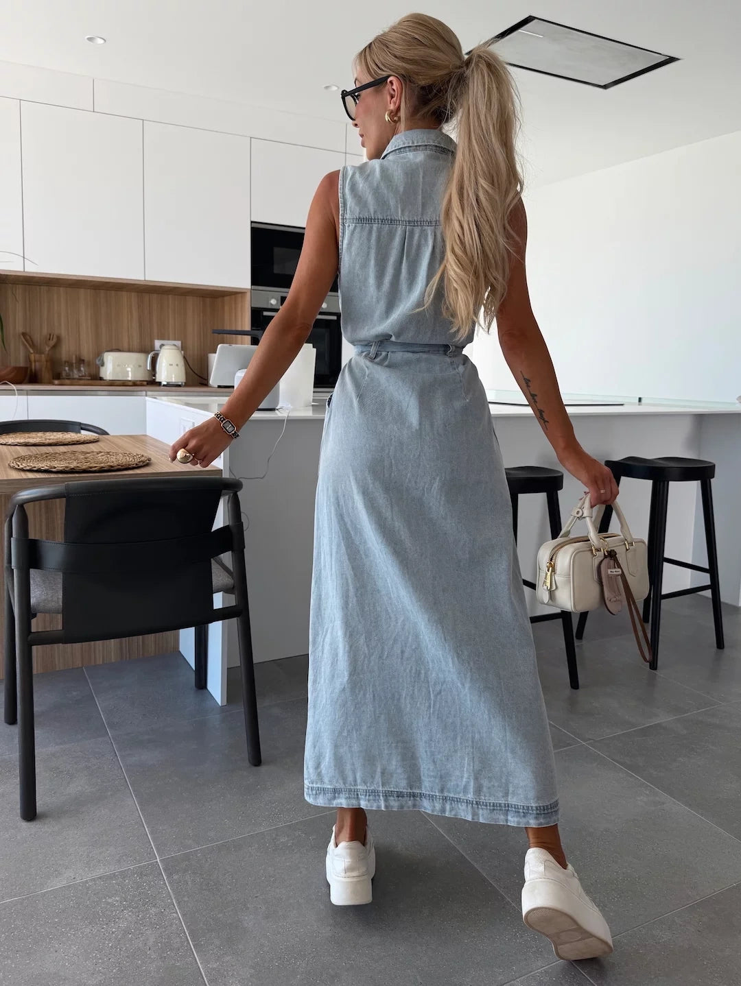 Women's Sleeveless Denim Maxi Dress with Button Front and Belted Waist