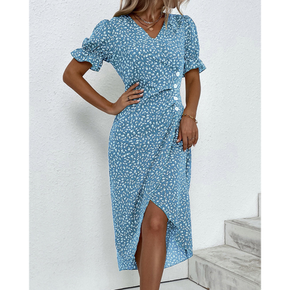 Summer Midi Dress for Women with Puff Sleeves and Buttons