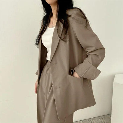 Women’s Tailored Two Piece Suit Set with Long Blazer and Straight-Leg Trousers