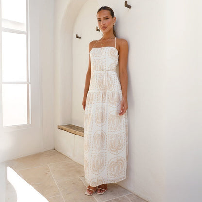 Women's Halter Backless Maxi Dress with Tropical Printed Pattern