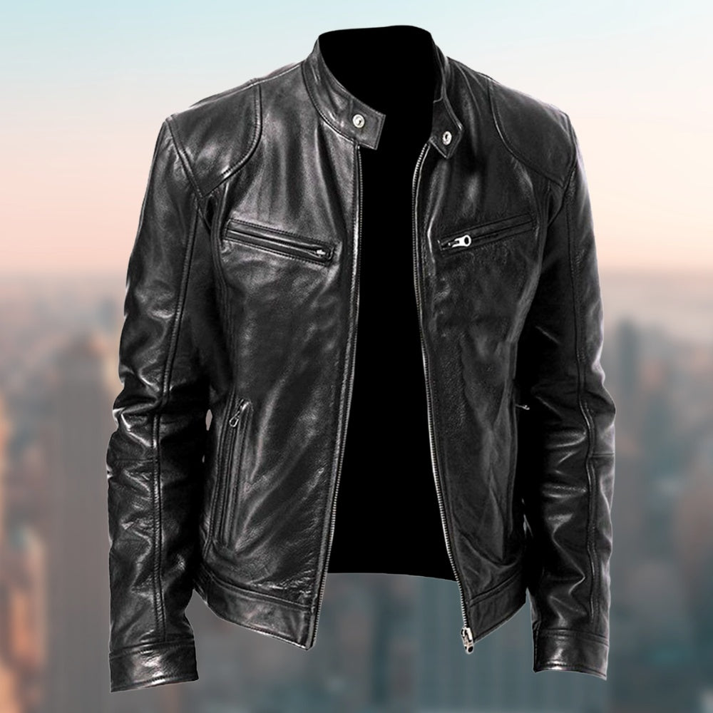 Men's Sleek Leather Jacket with Zip Closure and Stand Collar Design