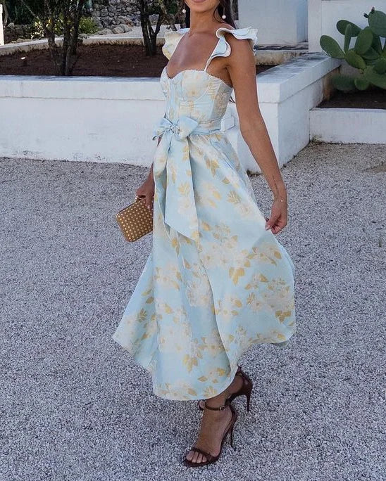 Women's Floral Print Midi Dress with Tie Waist and Butterfly Sleeves