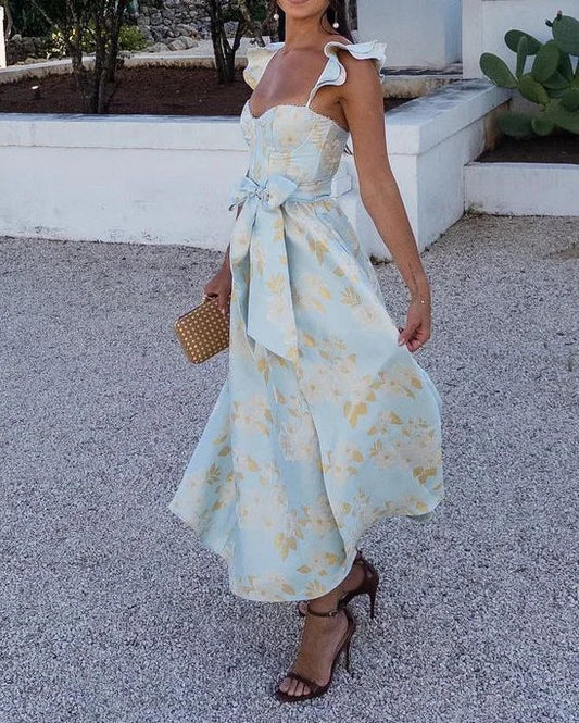 Women's Floral Print Midi Dress with Tie Waist and Butterfly Sleeves