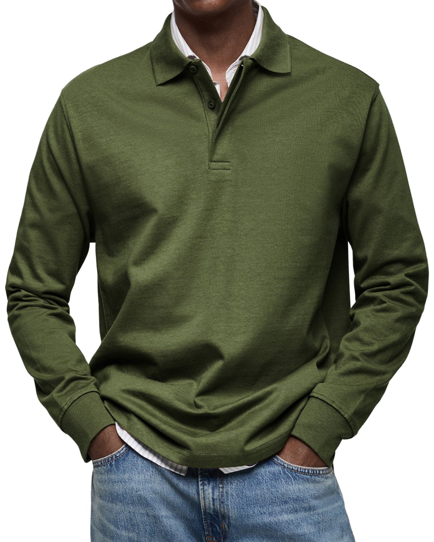 Men's Long Sleeve Polo Shirt with Button Collar and Cuffed Hem