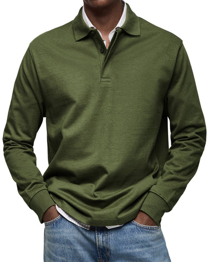 Men's Long Sleeve Polo Shirt with Button Collar and Cuffed Hem