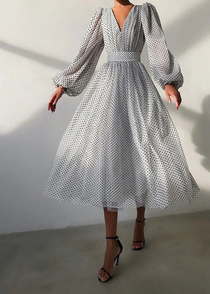 Women's Long Sleeve Polka Dot V-Neck Midi Dress