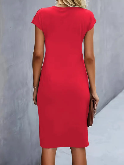 Women's Knee-Length Sheath Dress with Ruched Waist and Cap Sleeves