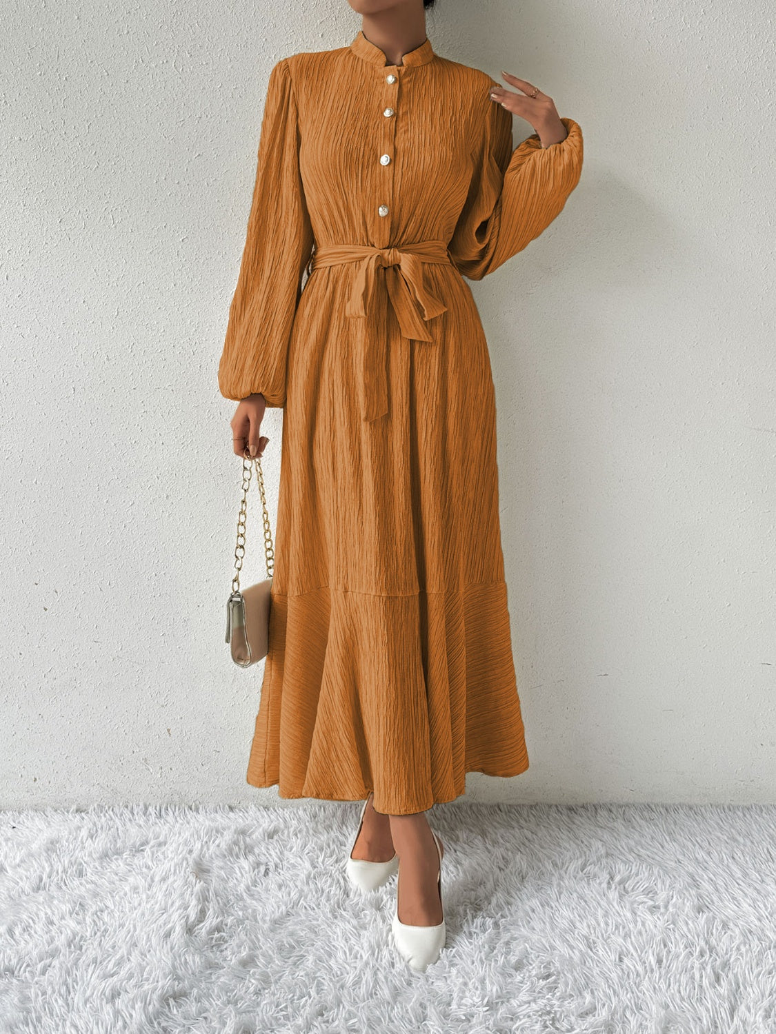 Women's Long-Sleeve Buttoned Maxi Dress with Waist Tie