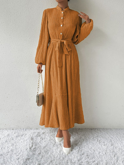 Women's Long-Sleeve Buttoned Maxi Dress with Waist Tie
