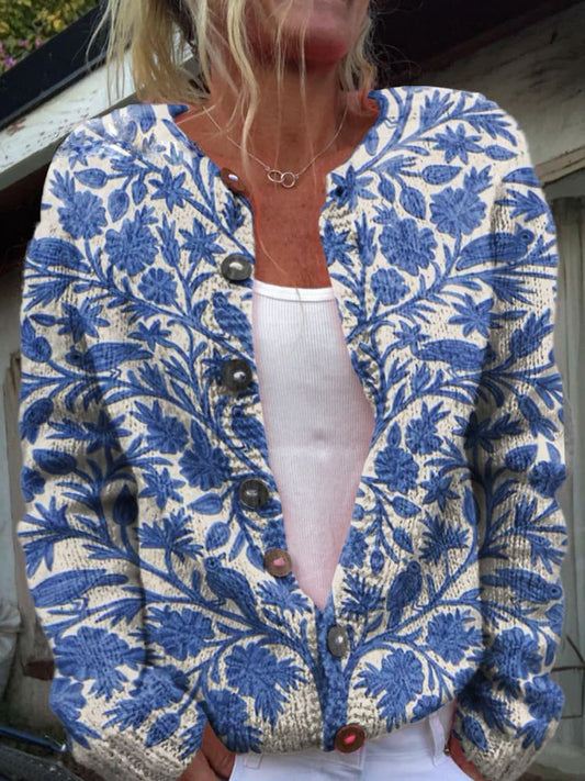 Women's Floral Knit Cardigan with Crew Neck and Button Closure
