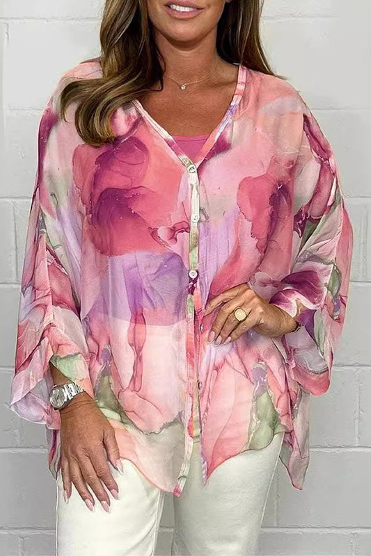 Women's Loose Button-Up Blouse with Watercolor Print