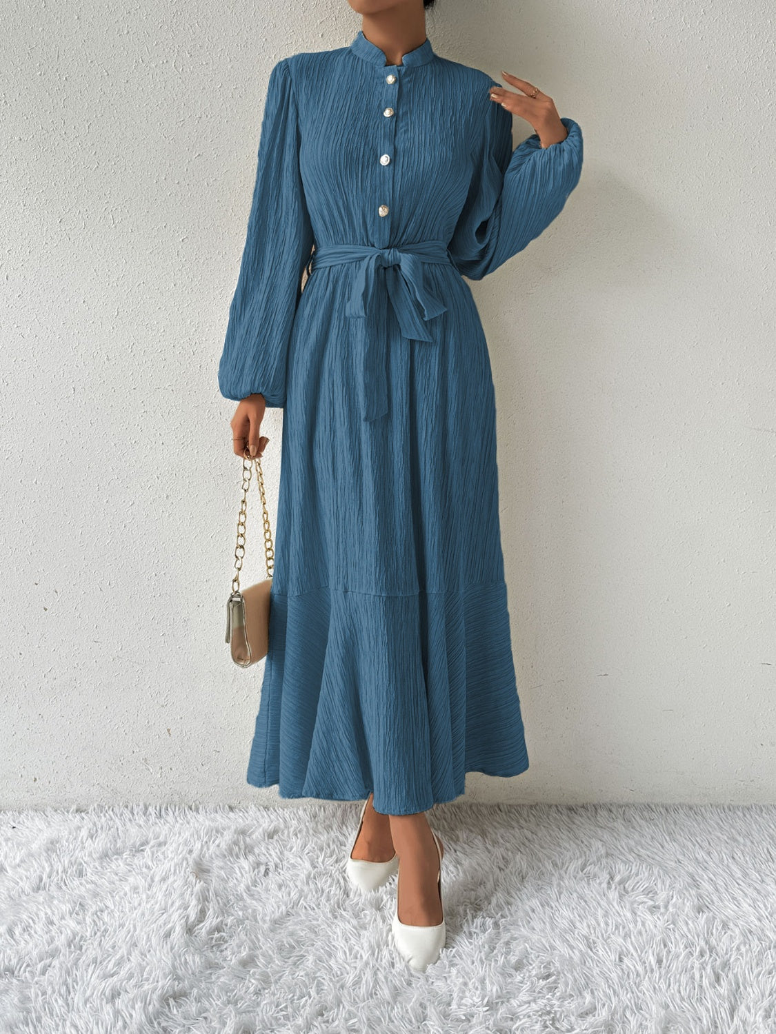 Women's Long-Sleeve Buttoned Maxi Dress with Waist Tie
