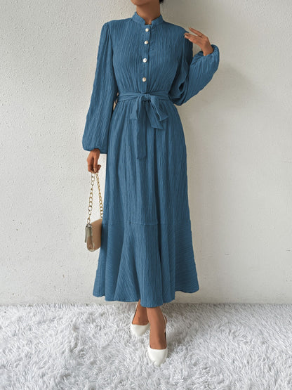 Women's Long-Sleeve Buttoned Maxi Dress with Waist Tie