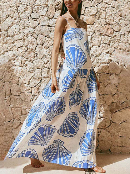 Women's Casual Ocean Shell Print Sling Maxi Dress