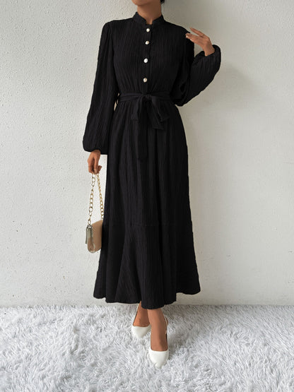 Women's Long-Sleeve Buttoned Maxi Dress with Waist Tie