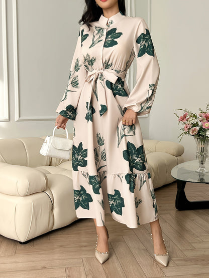 Women's Elegant Floral Maxi Dress with Belted Waist and Long Sleeves
