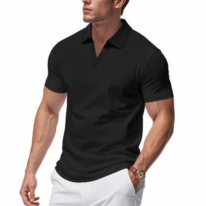 Men’s Summer V-Neck Waffle Polo Shirt – Slim & Lightweight