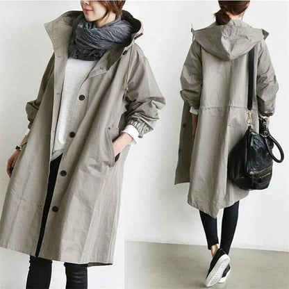 Women's Oversized Button-Up Trench Coat with Hood and Pockets