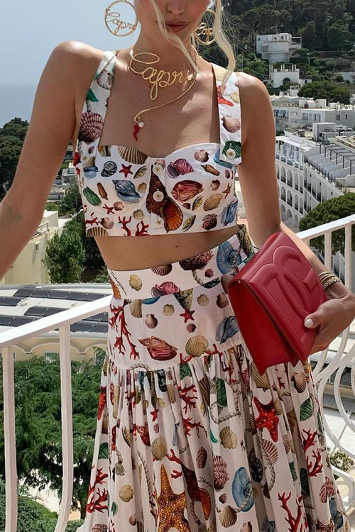 Women's Two-Piece Summer Outfit Set with Printed Crop Top and Skirt