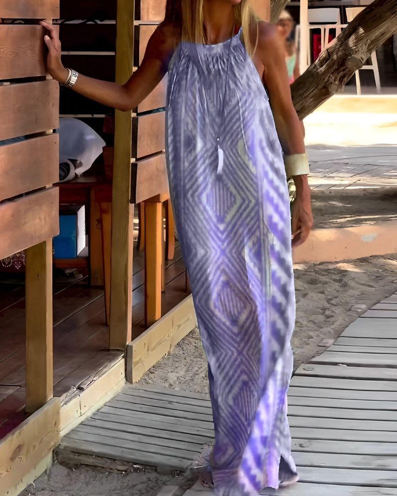 Women's Halter Neck Maxi Dress with Geometric Print and Slit Hem