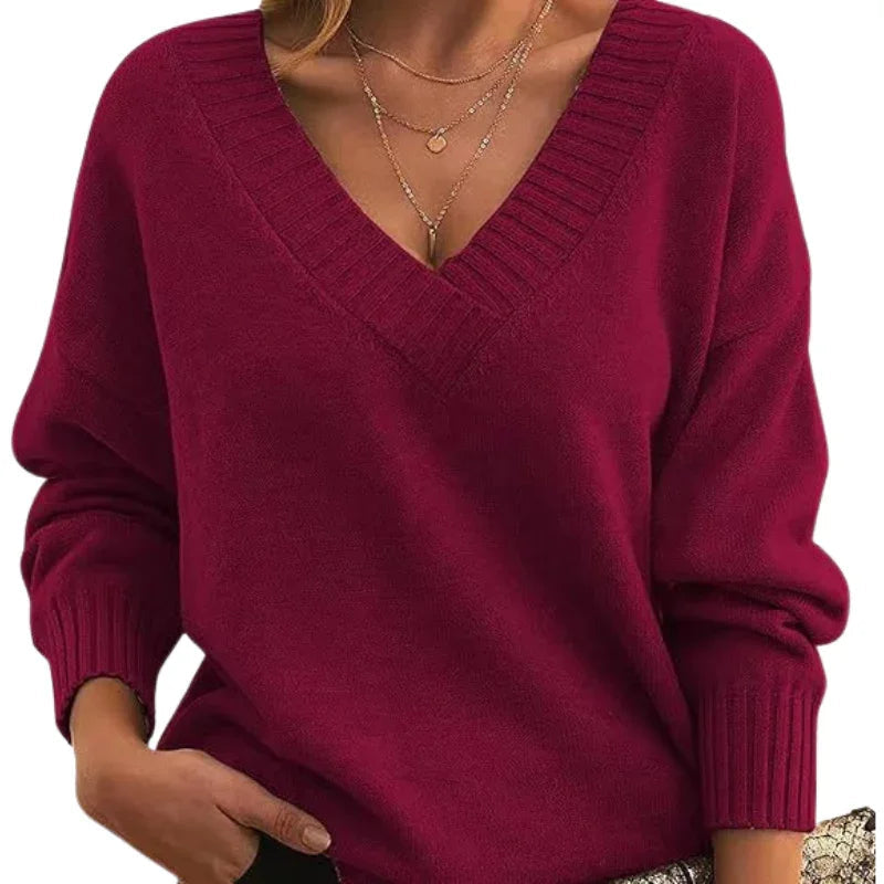 Women’s V-Neck Textured Knit Jumper with Relaxed Fit Regular Length