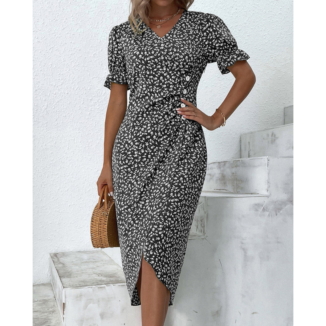 Summer Midi Dress for Women with Puff Sleeves and Buttons