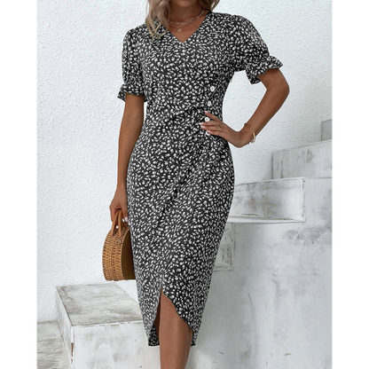 Summer Midi Dress for Women with Puff Sleeves and Buttons