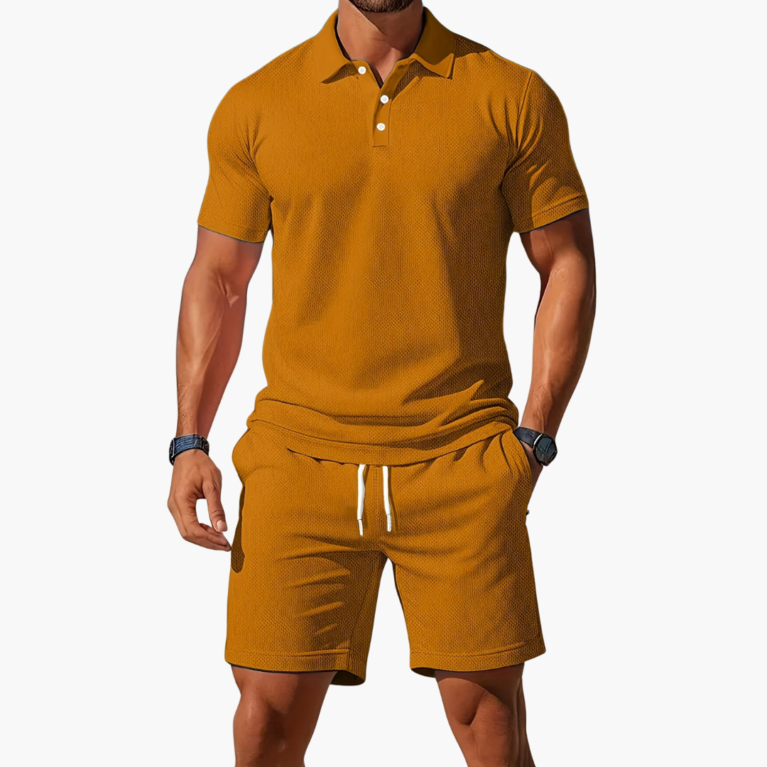 Men's Short Sleeve Polo and Shorts Set with Drawstring Waist