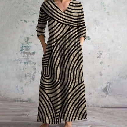 Women's Vintage Striped Dress with V-Neckline