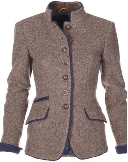 Women's Vintage Buttoned Winter Jacket with High Collar Detail