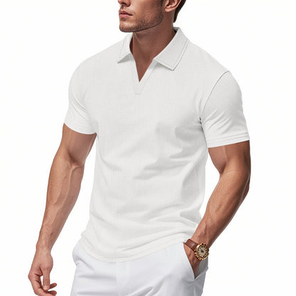 Men’s Summer V-Neck Waffle Polo Shirt – Slim & Lightweight