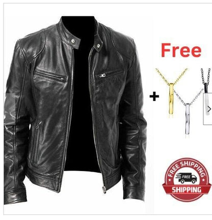 Men's Sleek Leather Jacket with Zip Closure and Stand Collar Design