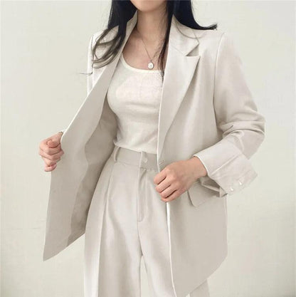 Women’s Tailored Two Piece Suit Set with Long Blazer and Straight-Leg Trousers