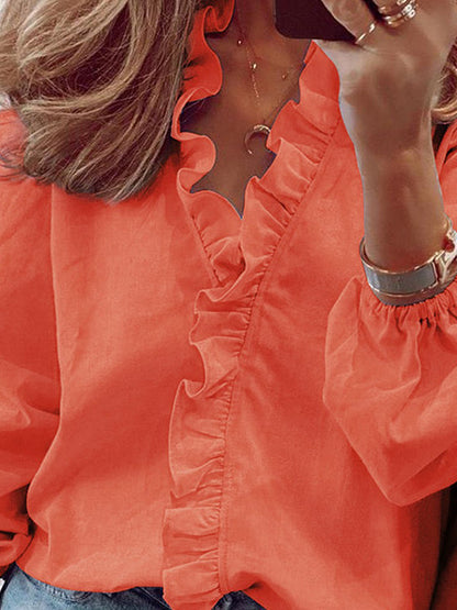 Women's V-Neck Long Sleeve Blouse with Ruffle Trim and Puff Sleeves