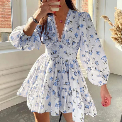 Women's Floral A-Line Mini Dress with V-Neck and Long Sleeves