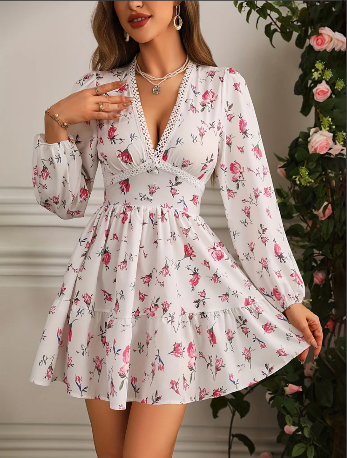 Women's V-Neck Floral Mini Dress with Long Sleeves and Ruffle Skirt