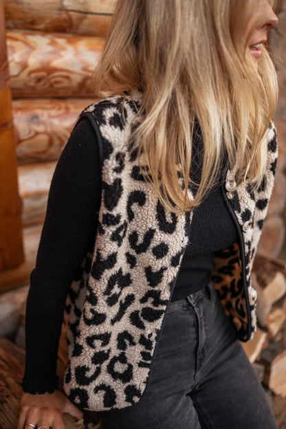 Women’s Leopard Print Knit Vest with Button Front