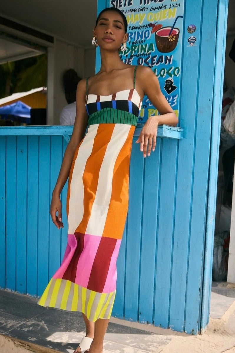 Women's Striped Spaghetti Strap Maxi Dress with Colorblock Design