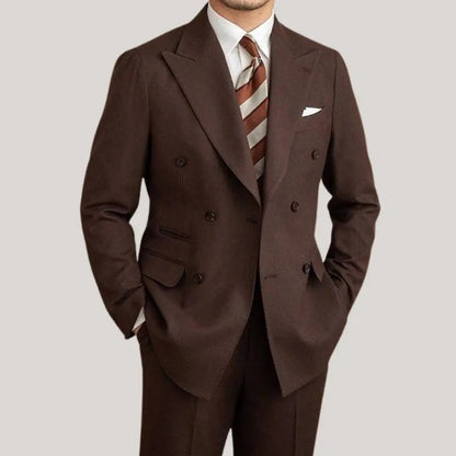 Men's Double Breasted Two Piece Suit Set with Peak Lapel Jacket and Trousers