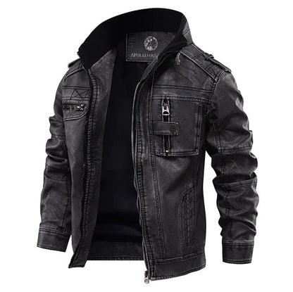 Men's Leather Jacket with Stand Collar and Zippered Chest Pocket