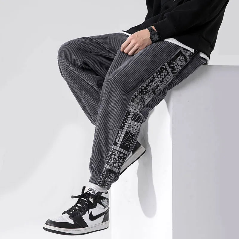 Men's Corduroy Trousers Loose Fit Jogger Style with Elastic Cuffs
