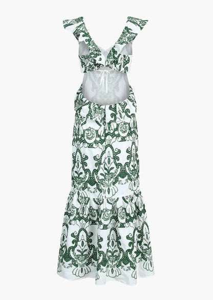 Women's Ruffled Backless Maxi Dress with Vintage-Inspired Print