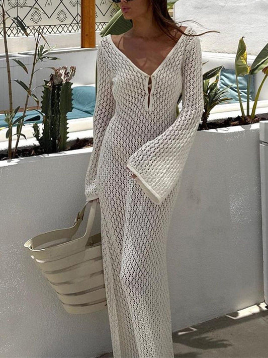 Women's Crochet Knit Maxi Dress with Bell Sleeves