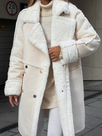 Women's Plus Size Fur Winter Coat with Lapel Collar and Snap Front