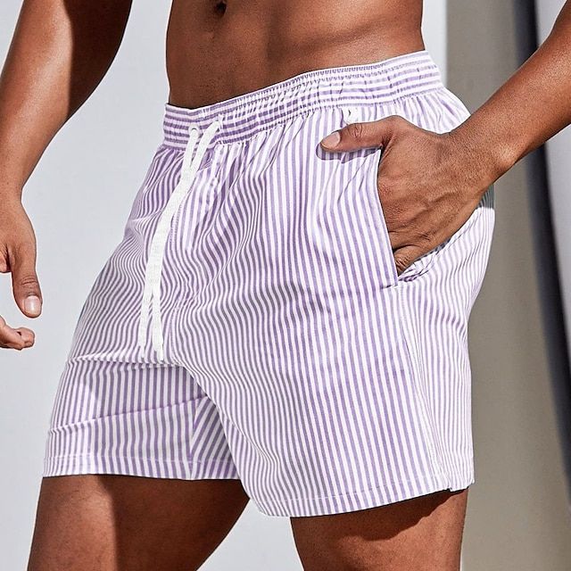 Men's Striped Swim Shorts with Drawstring Waist and Quick-Dry Fit