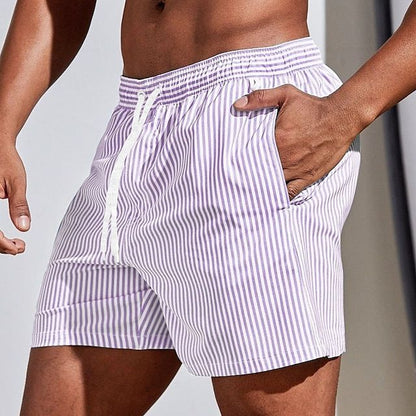 Men's Striped Swim Shorts with Drawstring Waist and Quick-Dry Fit