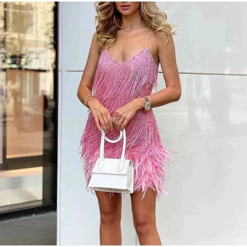 Women's Strappy Fringe Mini Dress with Feather Hem